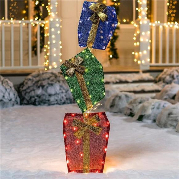 4FT Christmas 2D Stacked Gift Boxes Tinsel Yard Light 60 Pre-Lit LED Lights - Picture 1 of 8